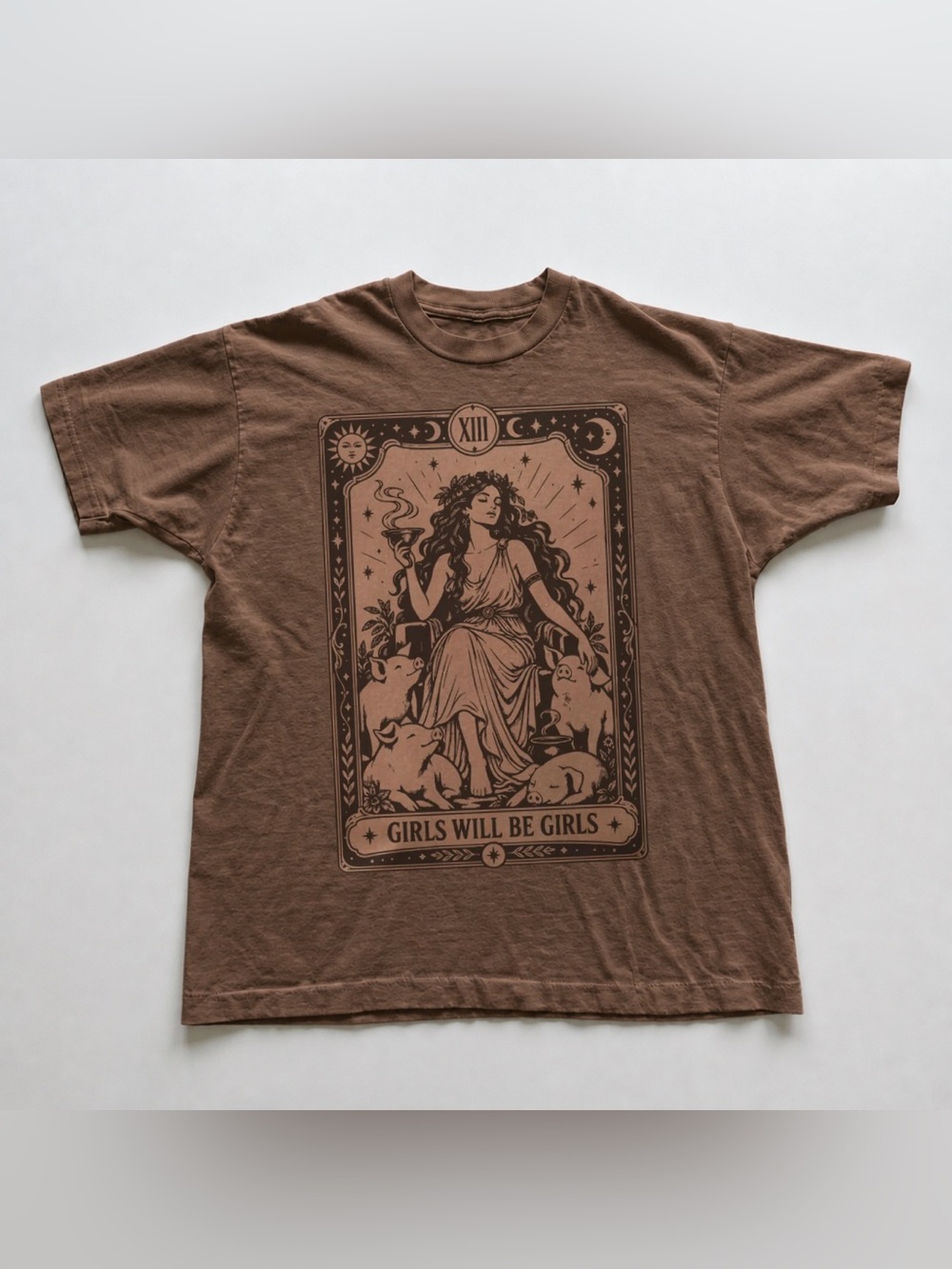 Brown Savana Graphic Short Sleeve Tee with Tarot-Inspired Illustration